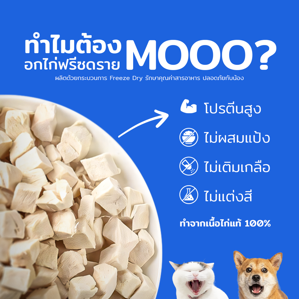 MOOO Freeze-Dried Chicken Breast อกไก่ฟรีซดราย 100% สำหรับสุนัขและแมว
