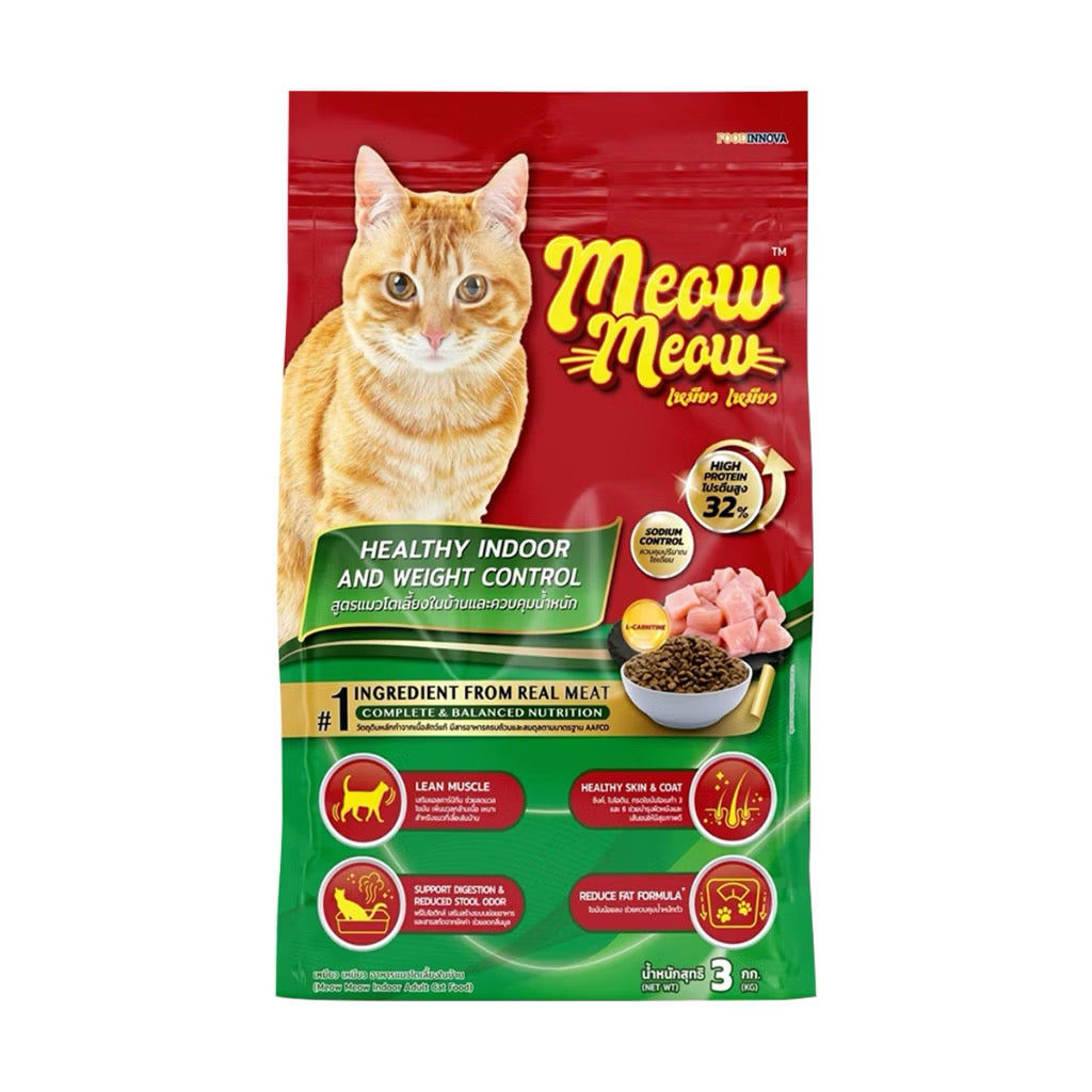 Meow Meow เหมียว เหมียว อาหารเม็ดแมวสำหรับแมวโต ขนาด 3 kg สูตร เลี้ยงในบ้าน